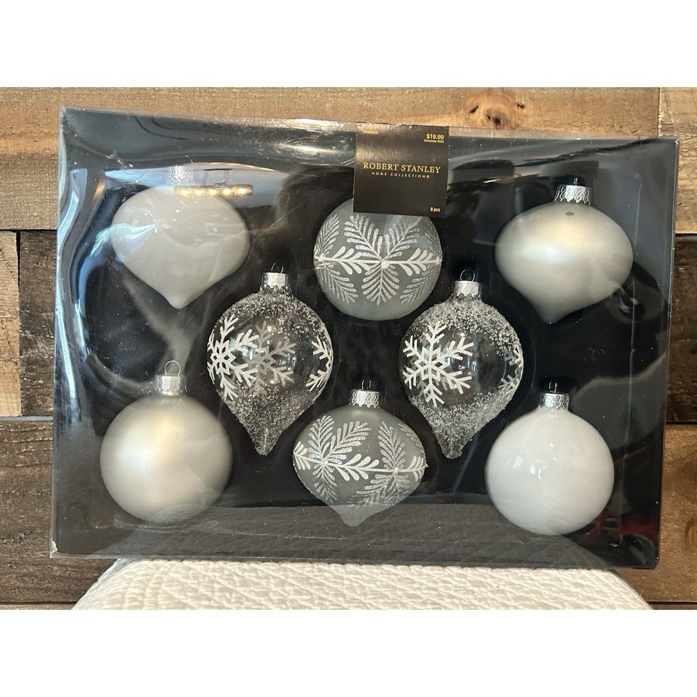 Robert Stanley SILVER & WHITE Bauble Christmas Ornaments Glass Set Of 8 NEW